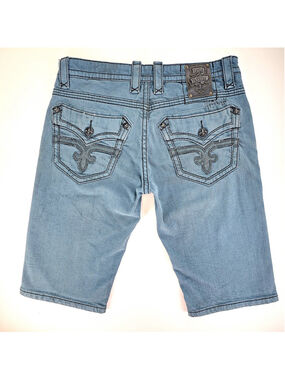 Y2K Rockstar Rock Revival Denim Shorts Men 34 Blue Stretch Distressed